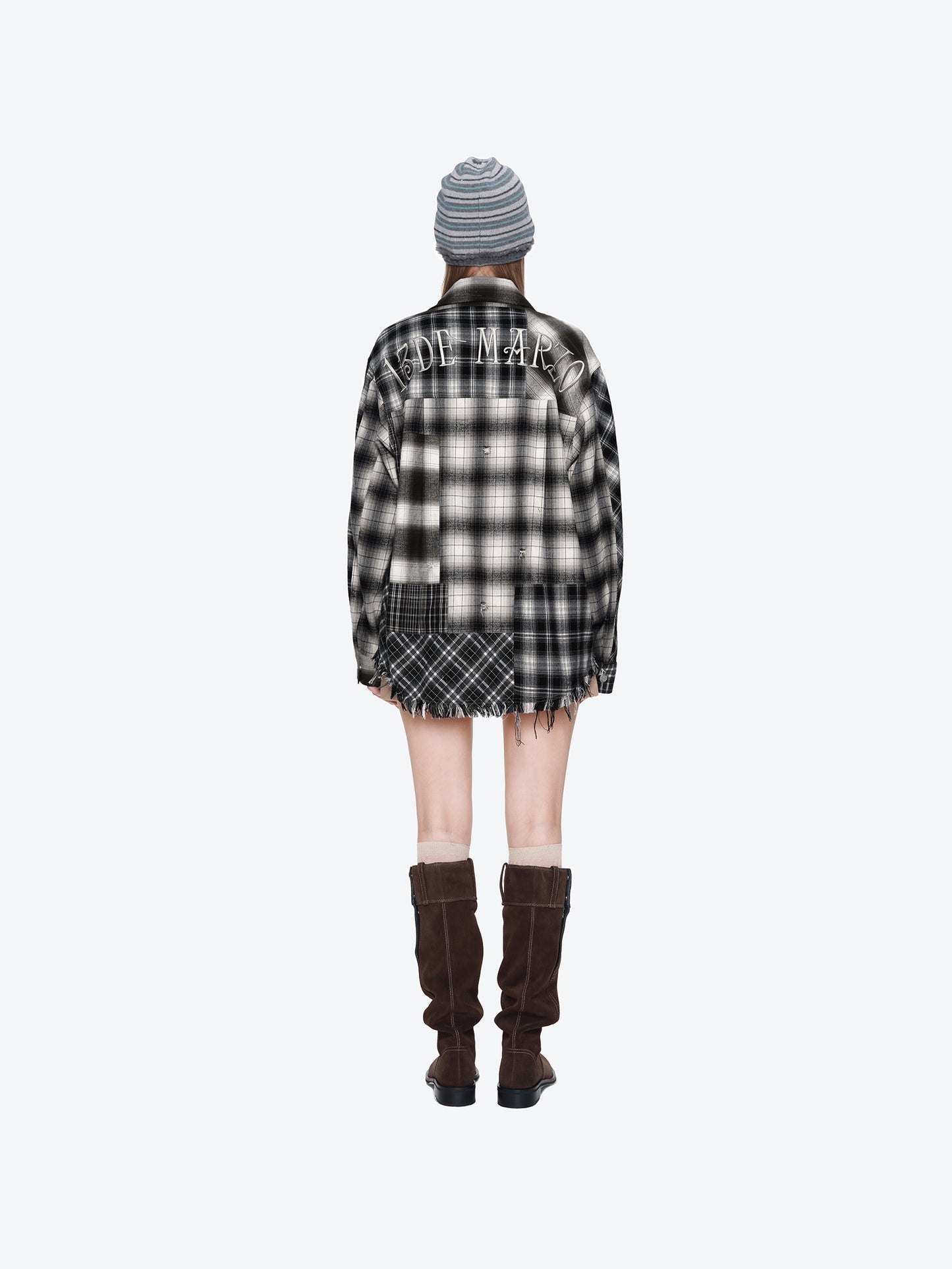 13DE MARZO Patchwork Plaid Distressed Shirt