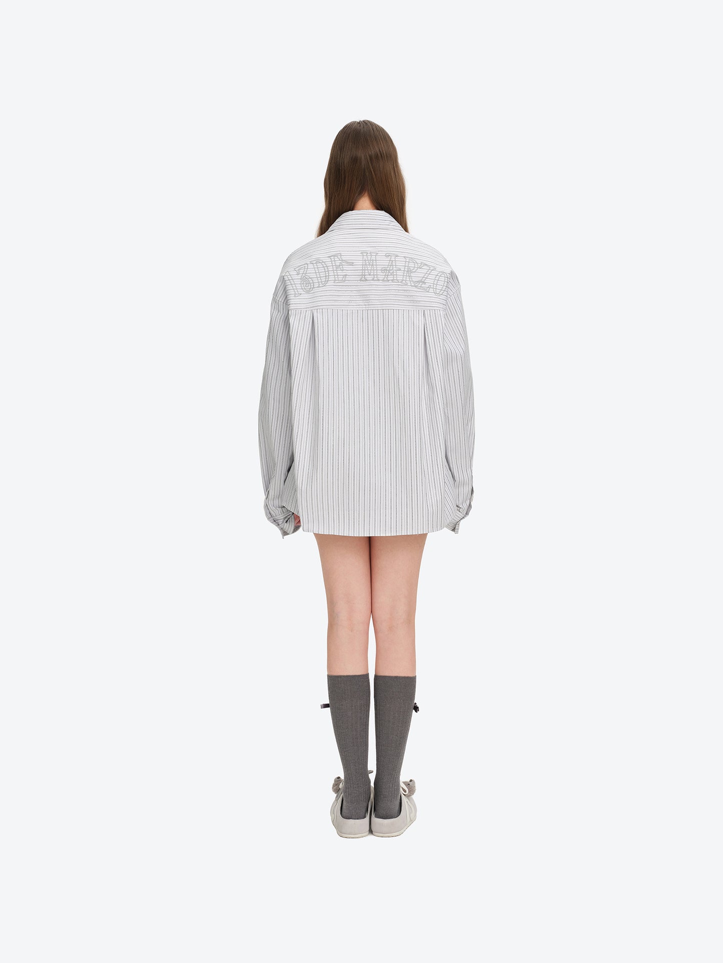 13DE MARZO Stripe Shirt with Rhinestone Bear Brooch Grey