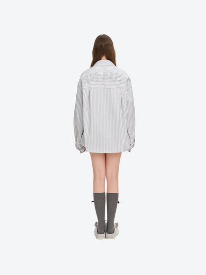 13DE MARZO Stripe Shirt with Rhinestone Bear Brooch Grey