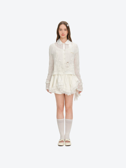 13DE MARZO Floral Bear Print Lazy Style Knitted Cardigan White