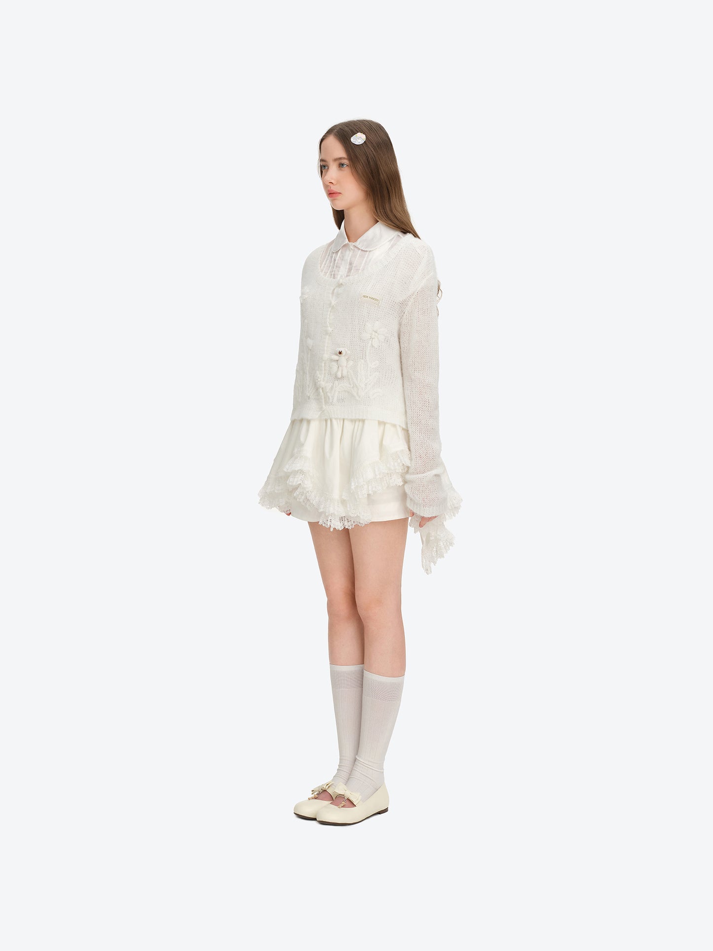 13DE MARZO Floral Bear Print Lazy Style Knitted Cardigan White
