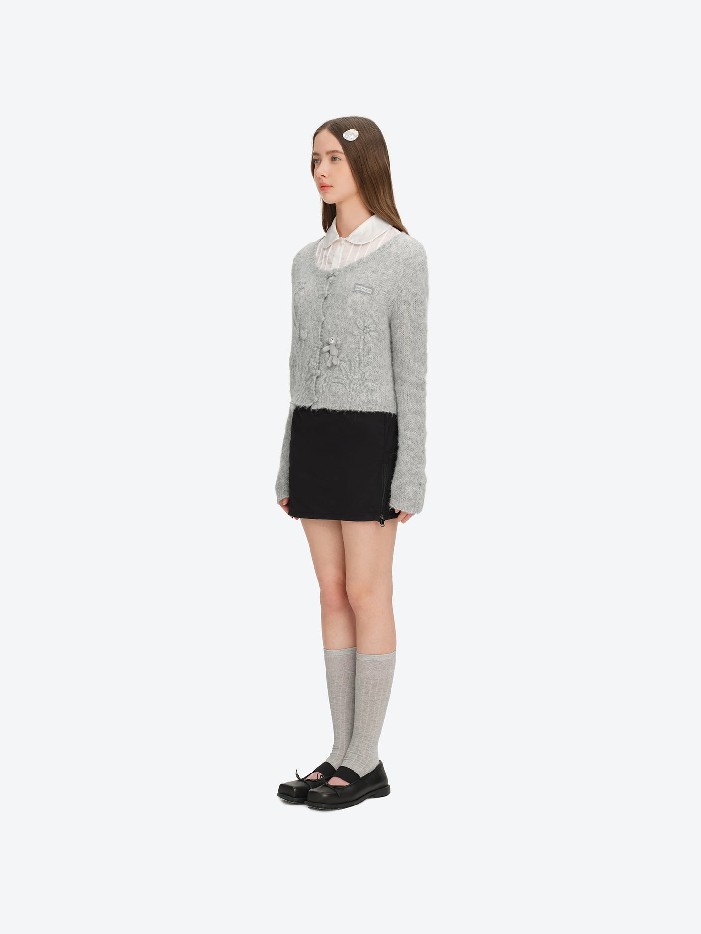 13DE MARZO Floral Bear Print Lazy Style Knitted Cardigan Grey