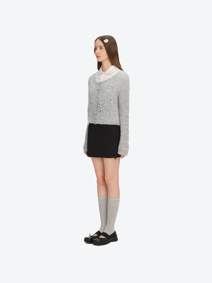 13DE MARZO Floral Bear Print Lazy Style Knitted Cardigan Grey
