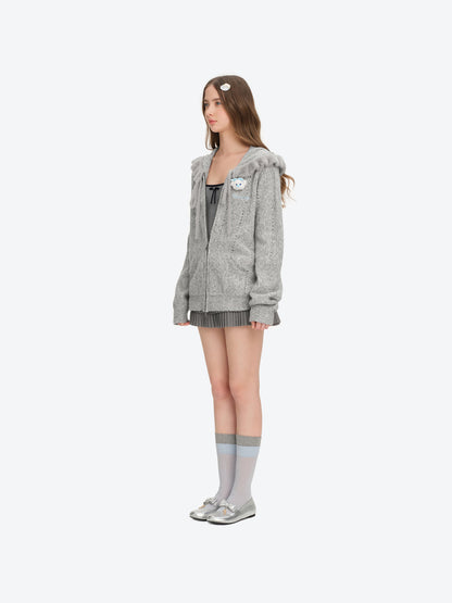13DE MARZO Ruffle Collar Knitted Hoodie Grey