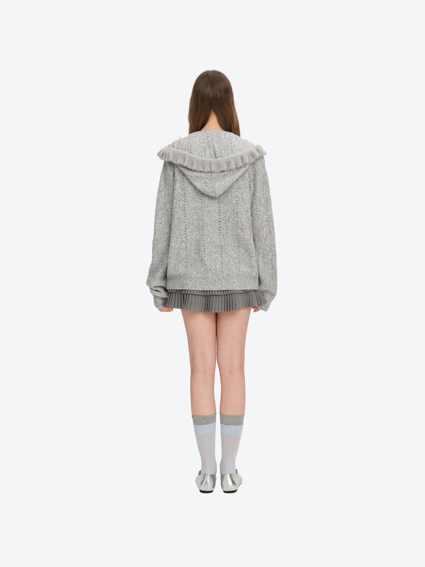 13DE MARZO Ruffle Collar Knitted Hoodie Grey