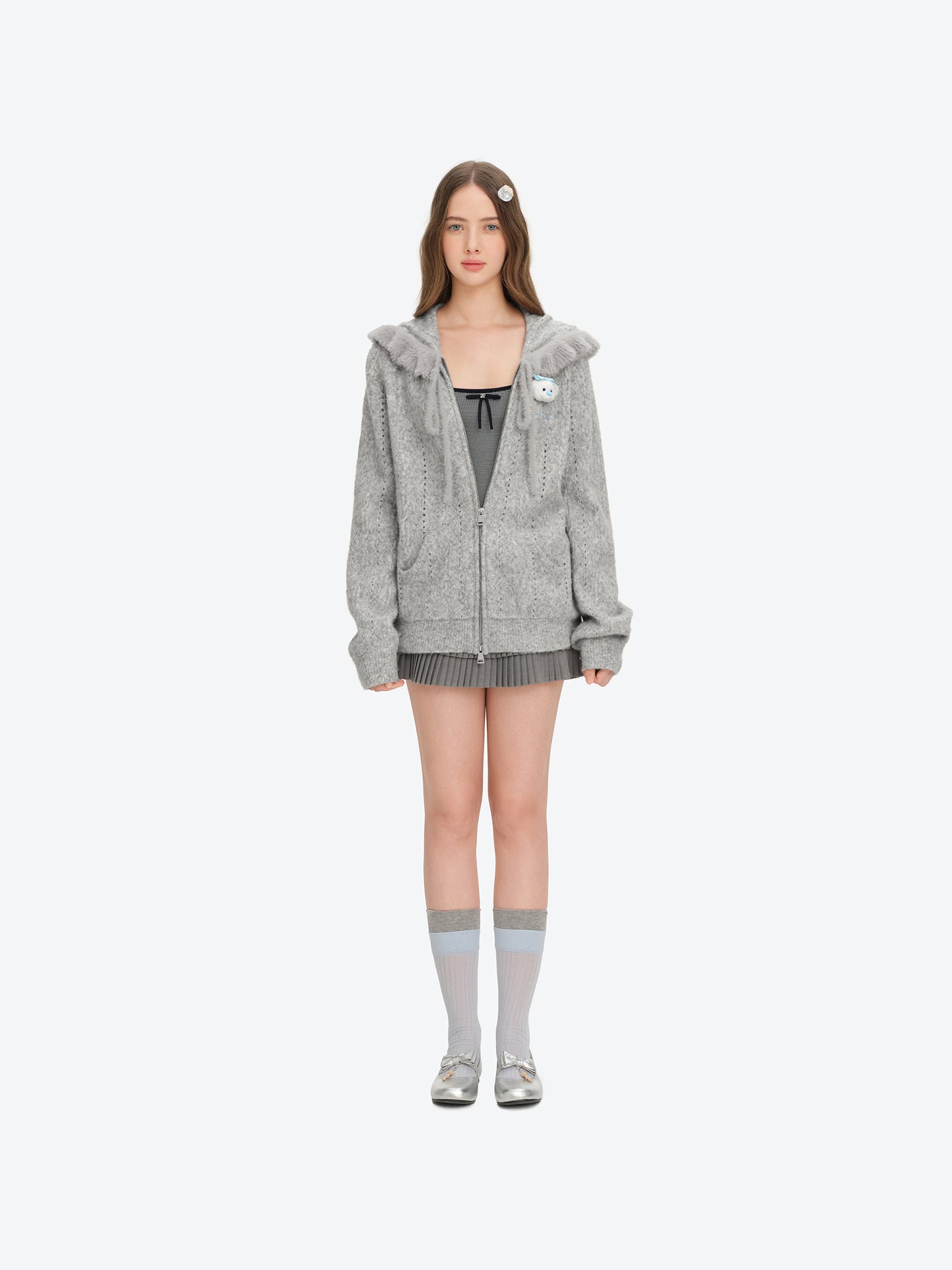 13DE MARZO Ruffle Collar Knitted Hoodie Grey