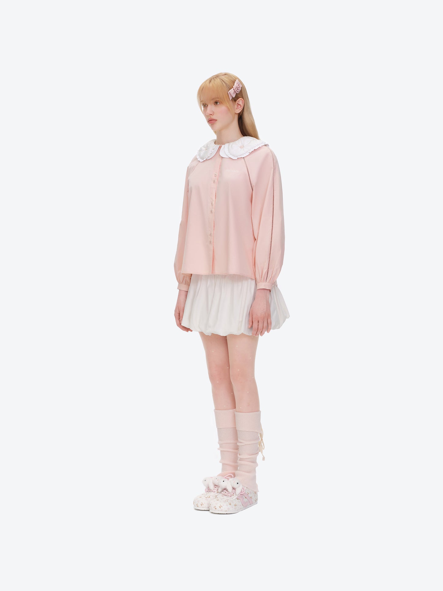13DE MARZO Nighty Night Bear Double Collar Shirt Pink