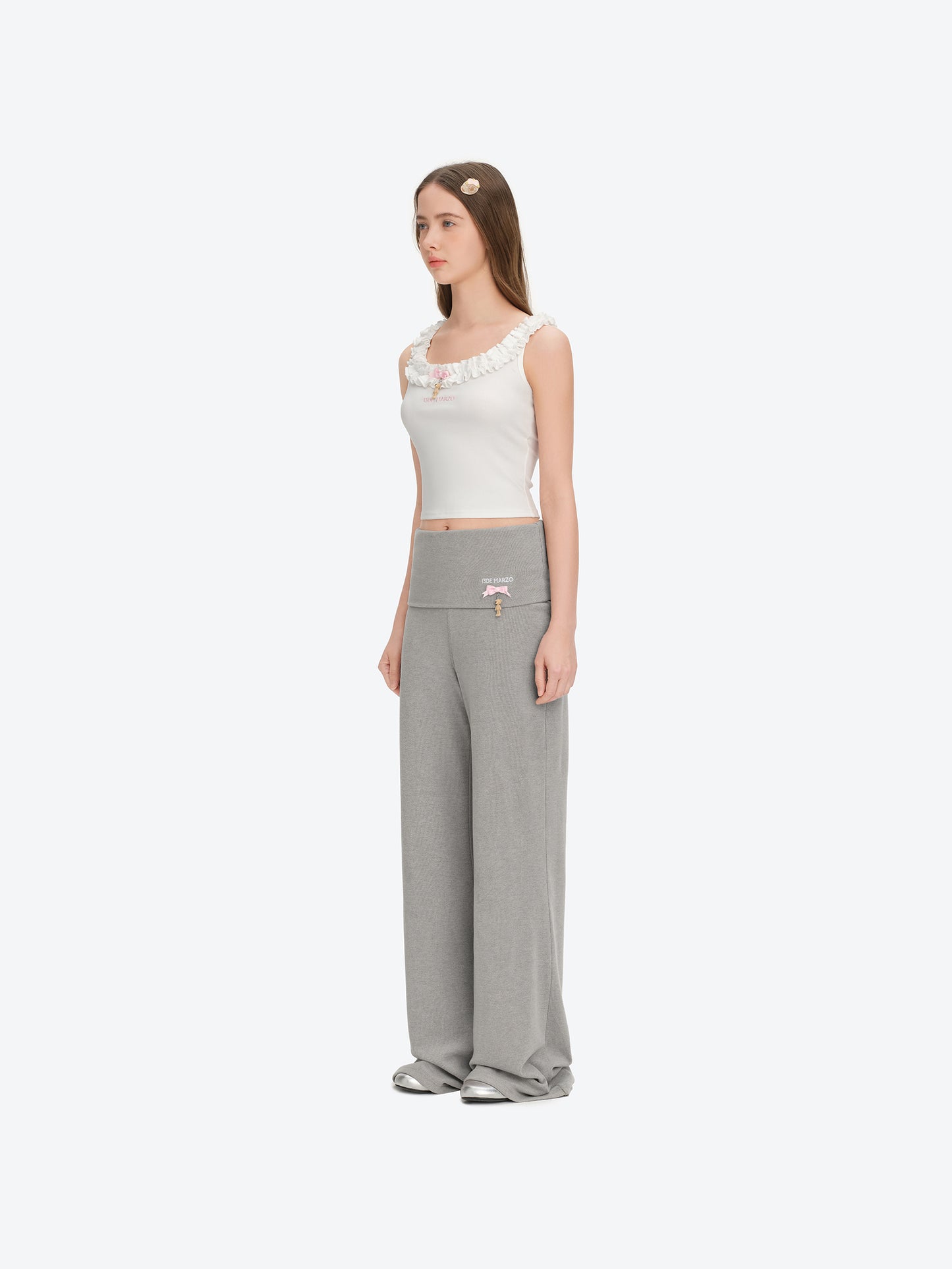 13DE MARZO Soft Wide-Leg Pants with Foldable Waistband Grey