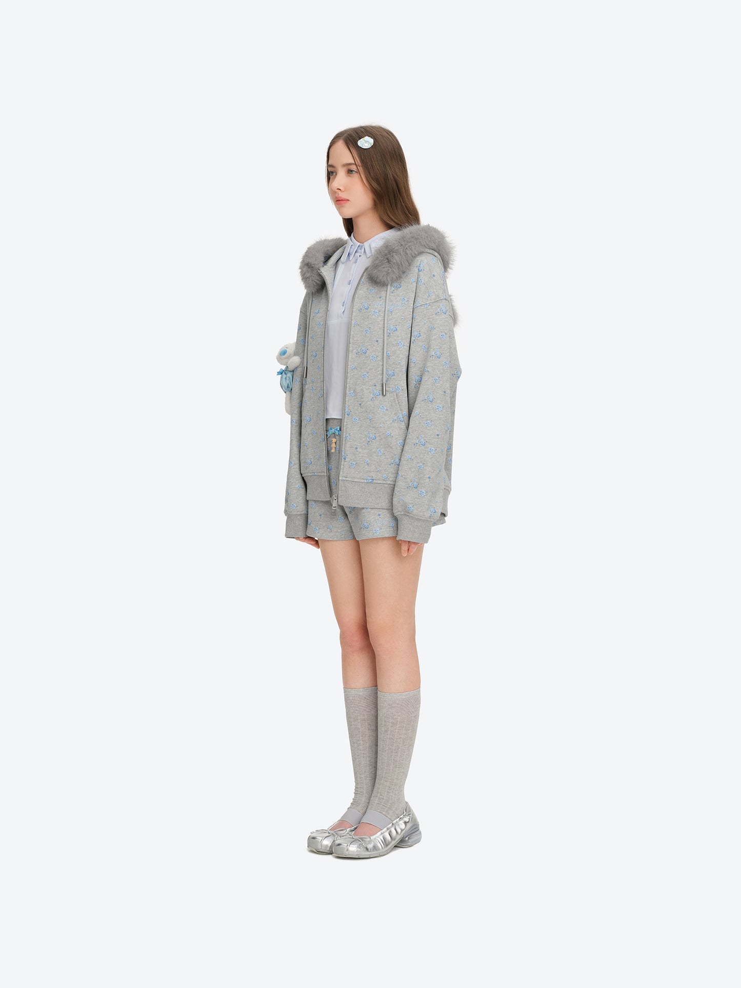 13DE MARZO Floral Print Hoodie with Fur Collar Grey