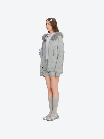 13DE MARZO Floral Print Hoodie with Fur Collar Grey