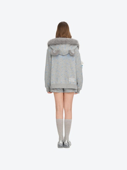 13DE MARZO Floral Print Hoodie with Fur Collar Grey