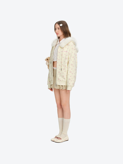 13DE MARZO Floral Print Hoodie with Fur Collar Beige