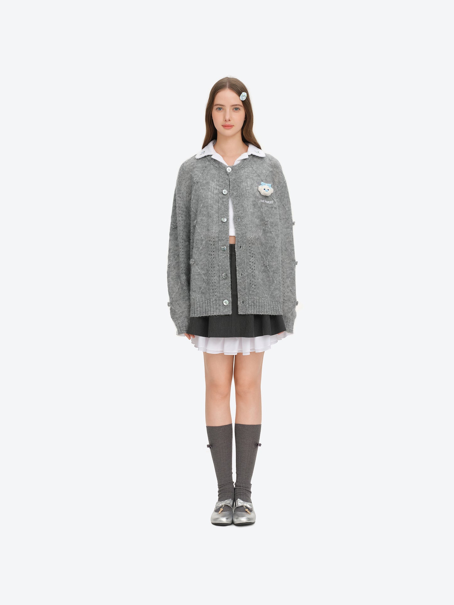 13DE MARZO Semi-Sheer Floral Cardigan Grey