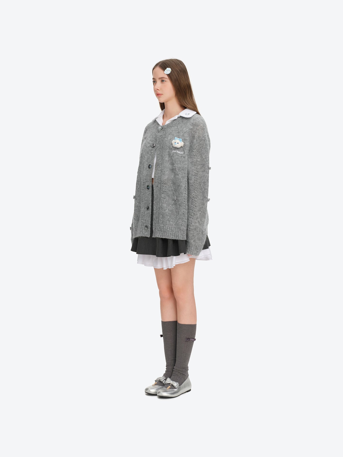 13DE MARZO Semi-Sheer Floral Cardigan Grey