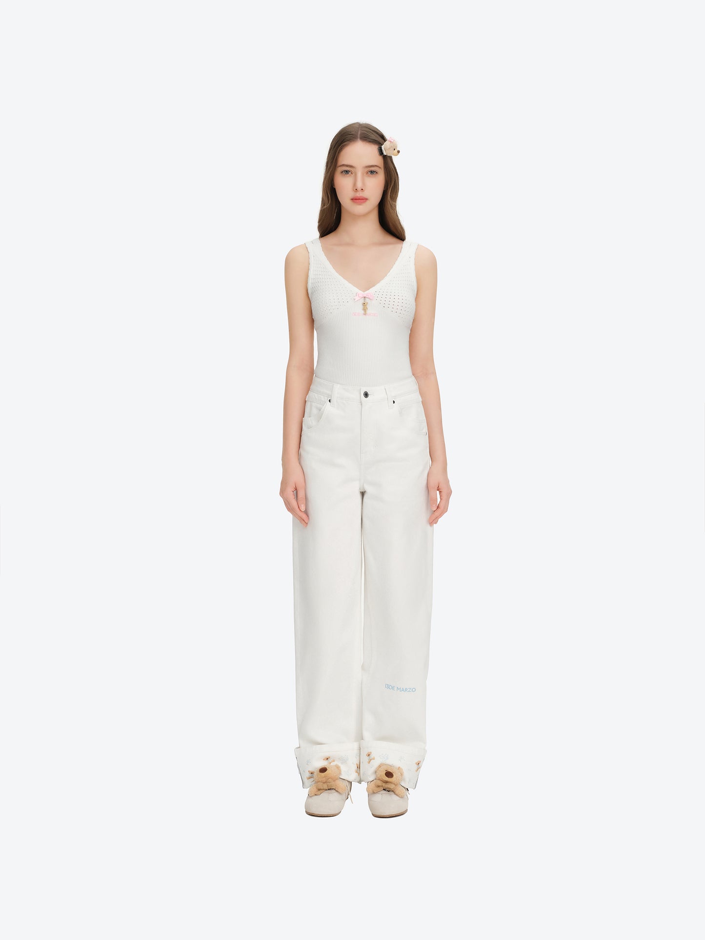 13DE MARZO Cuffed Wide-Leg Jeans Beige