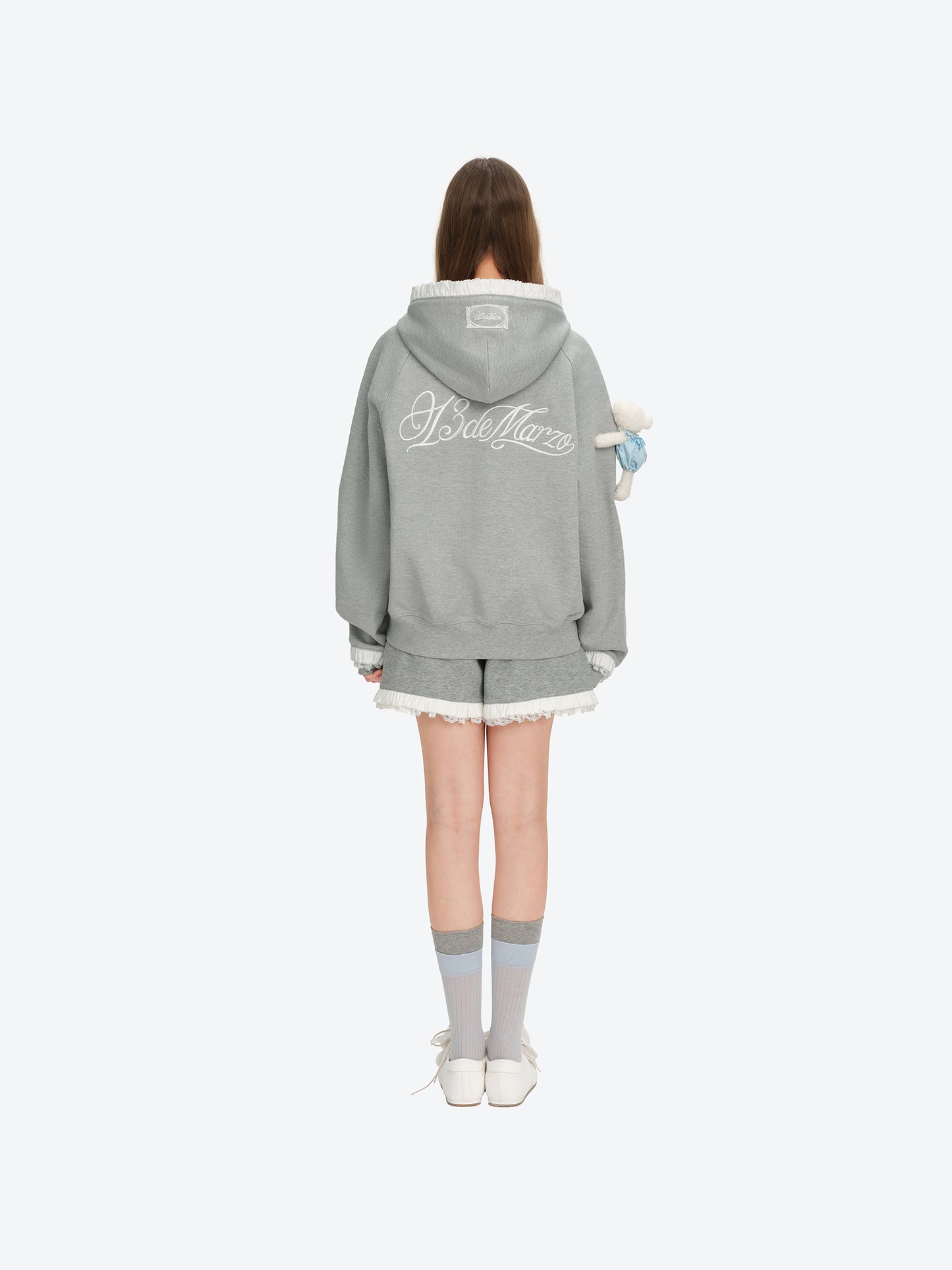 13DE MARZO Lace-Brim Pullover Hoodie Grey
