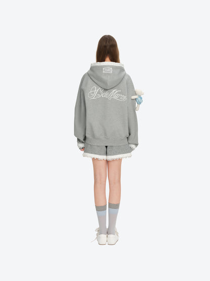 13DE MARZO Lace-Brim Pullover Hoodie Grey