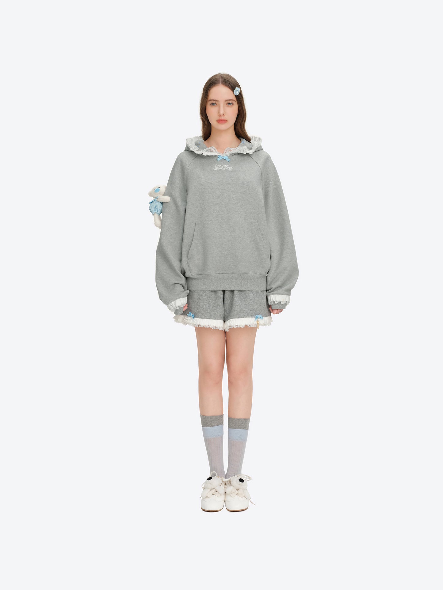 13DE MARZO Lace-Brim Pullover Hoodie Grey