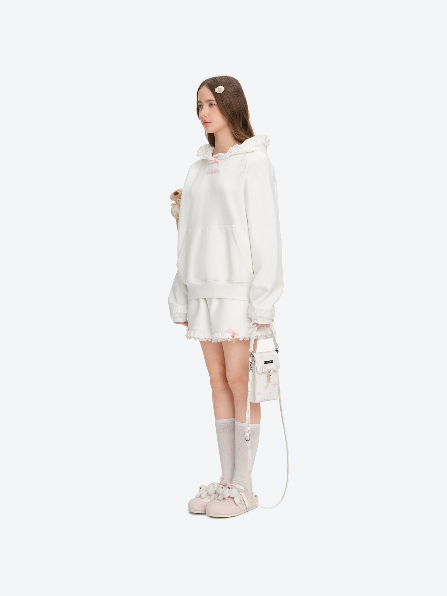 13DE MARZO Lace-Brim Pullover Hoodie White