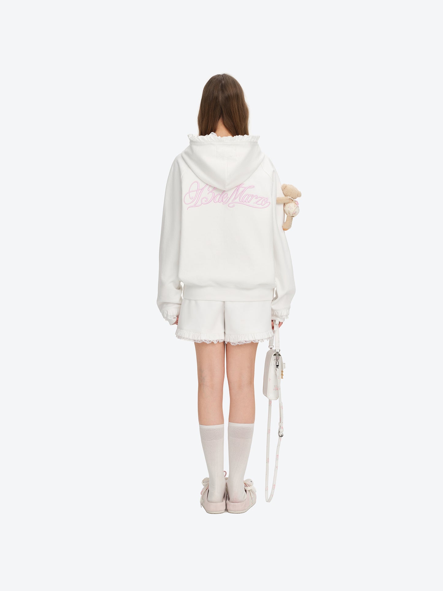 13DE MARZO Lace-Brim Pullover Hoodie White