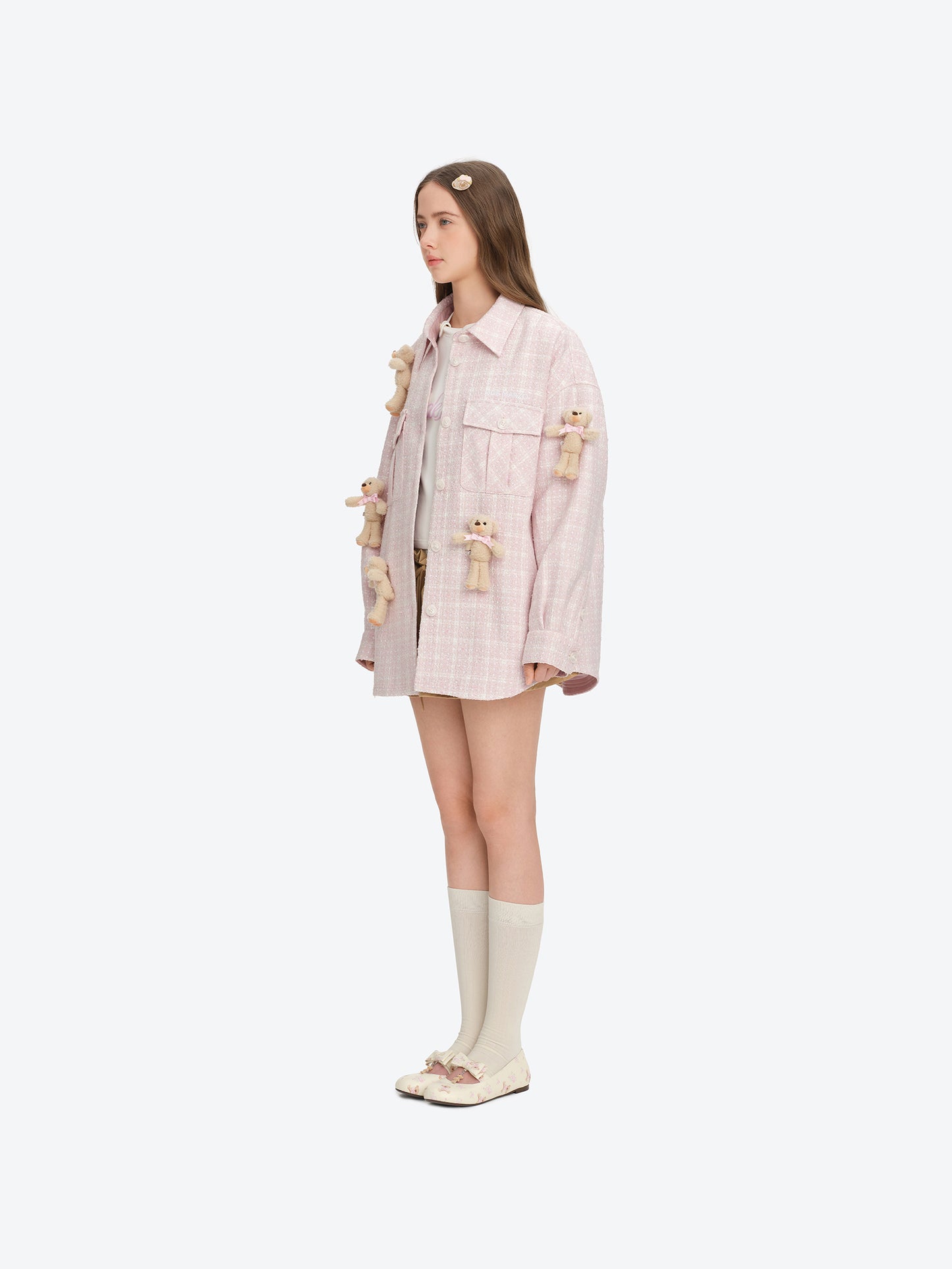 13DE MARZO All-Over Bear Print Tweed Shirt Jacket Pink