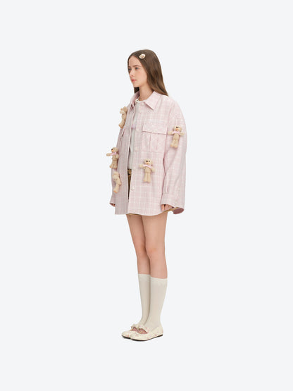 13DE MARZO All-Over Bear Print Tweed Shirt Jacket Pink