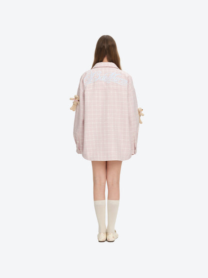 13DE MARZO All-Over Bear Print Tweed Shirt Jacket Pink