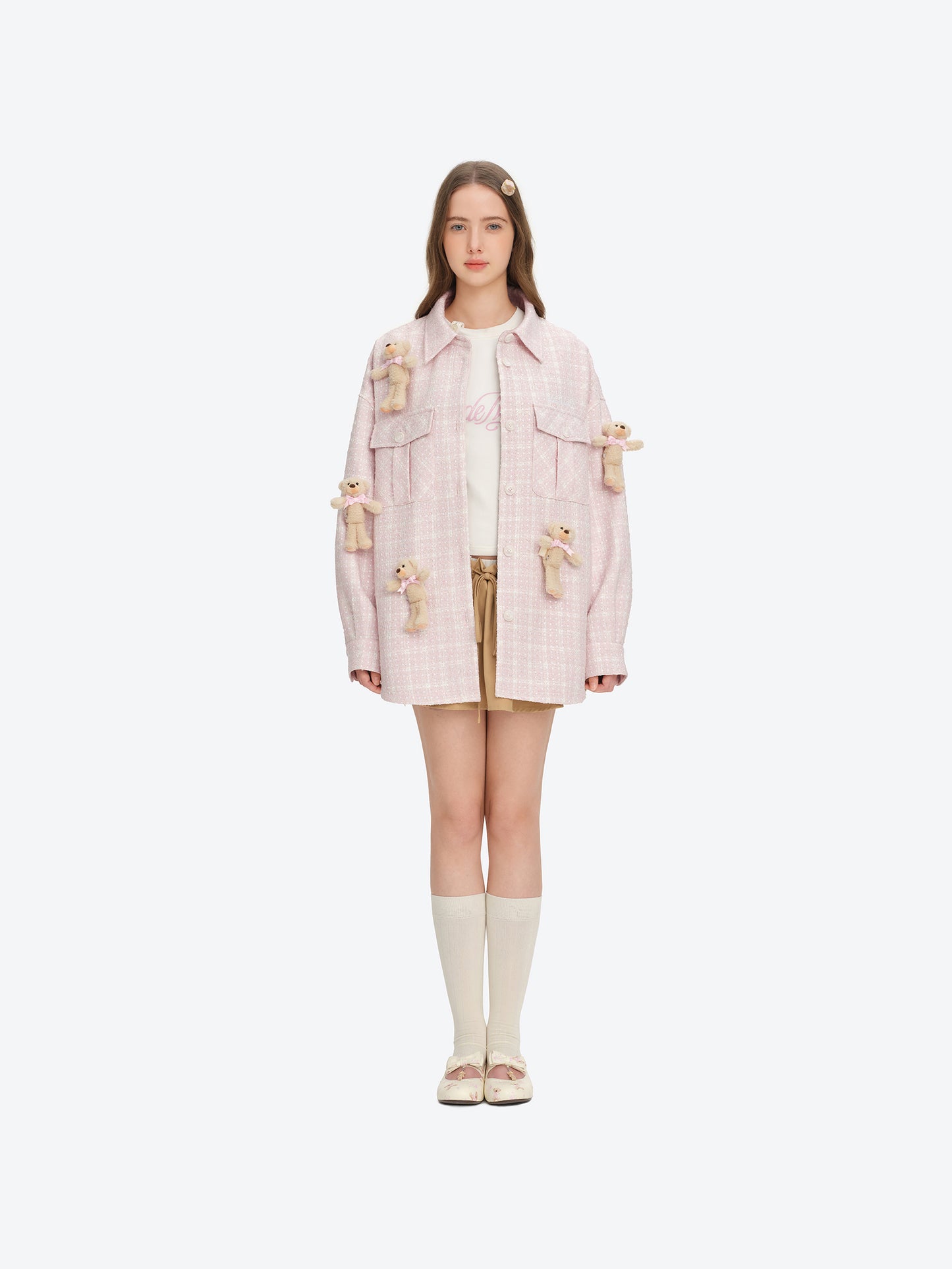 13DE MARZO All-Over Bear Print Tweed Shirt Jacket Pink