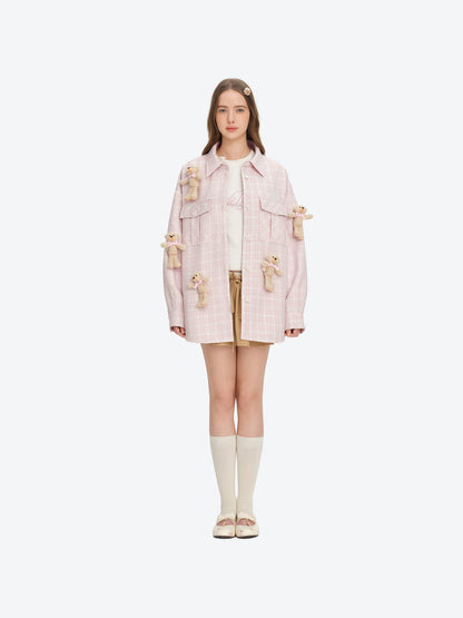 13DE MARZO All-Over Bear Print Tweed Shirt Jacket Pink