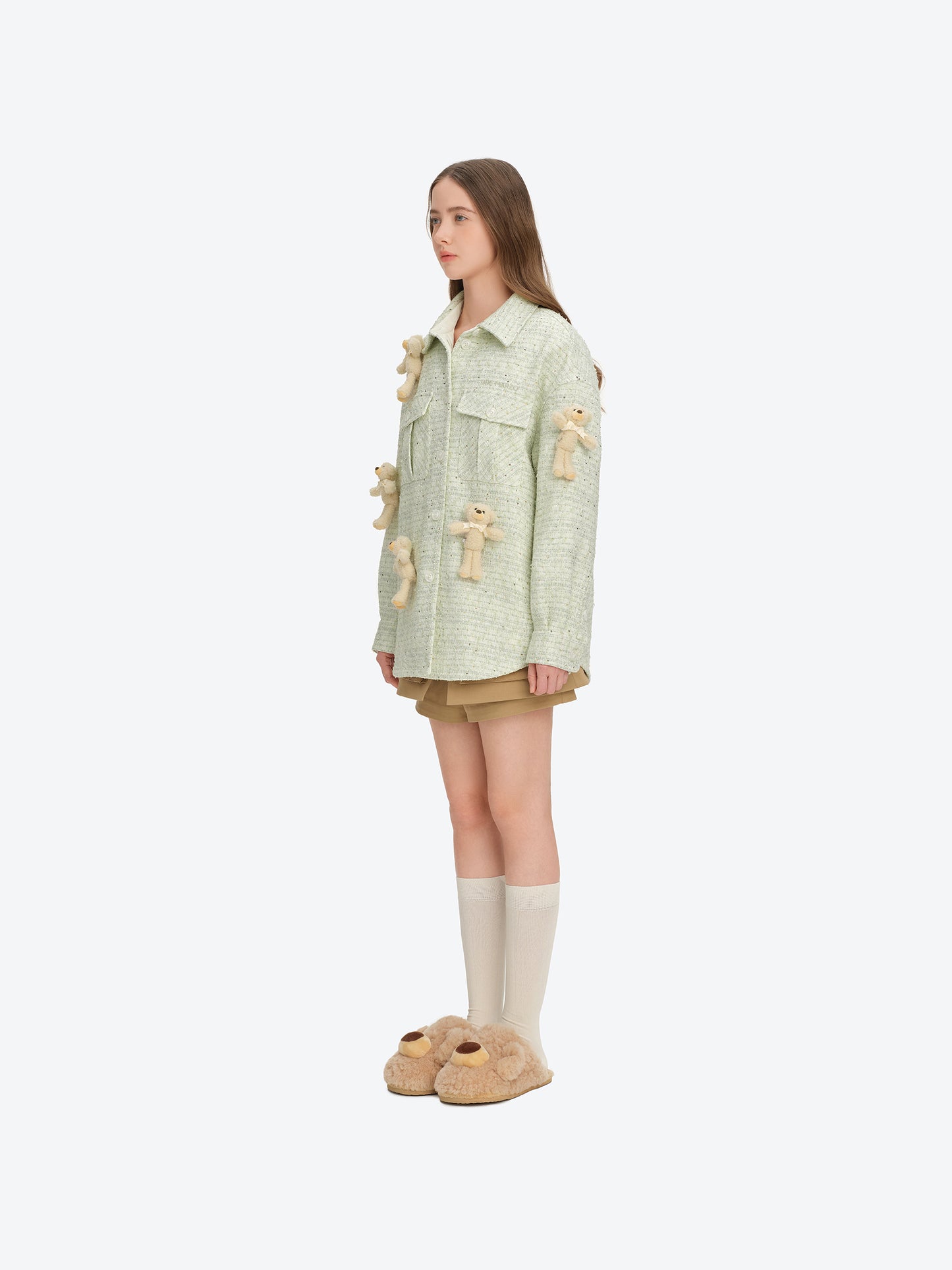 13DE MARZO All-Over Bear Print Tweed Shirt Jacket Green