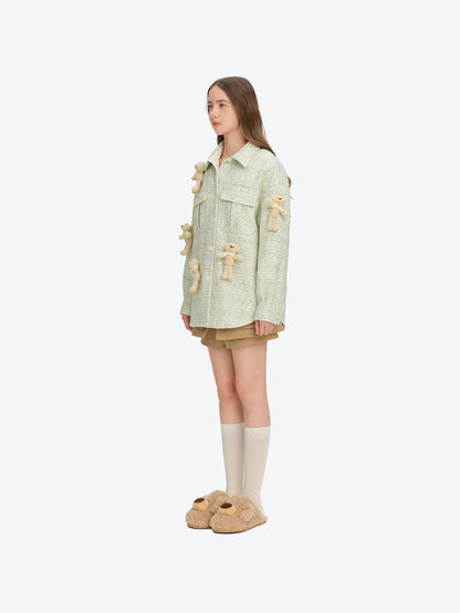 13DE MARZO All-Over Bear Print Tweed Shirt Jacket Green