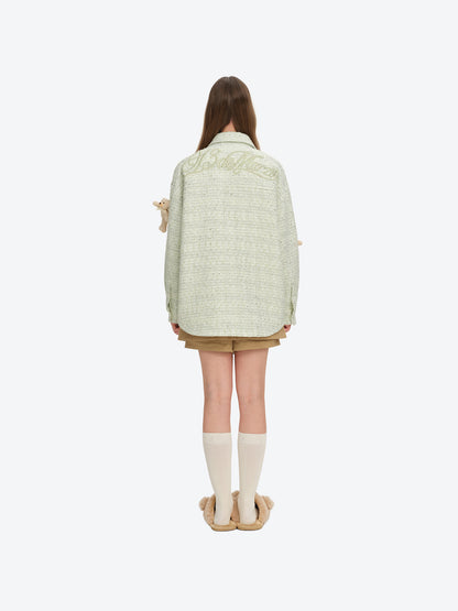 13DE MARZO All-Over Bear Print Tweed Shirt Jacket Green