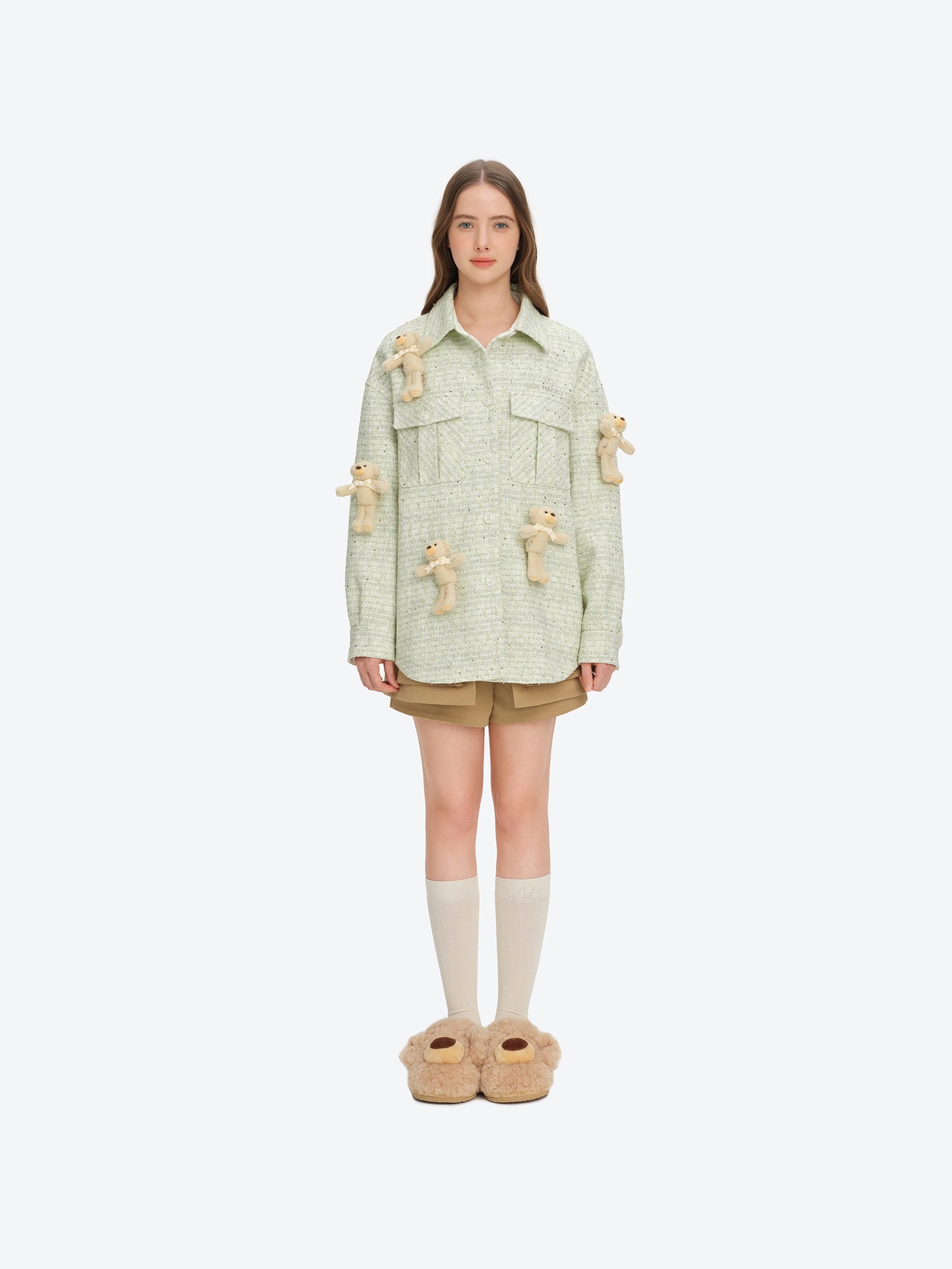 13DE MARZO All-Over Bear Print Tweed Shirt Jacket Green