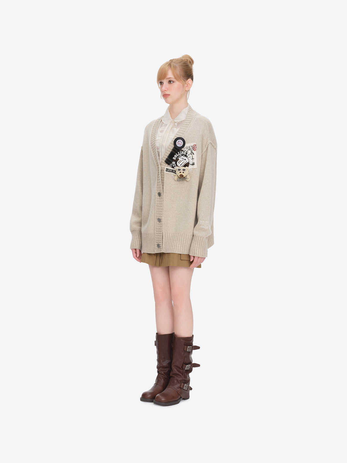 13DE MARZO Rolling Stones Appliqué Cardigan Sand