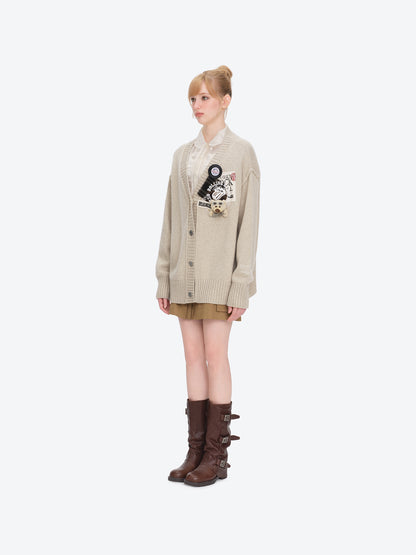 13DE MARZO Rolling Stones Appliqué Cardigan Sand