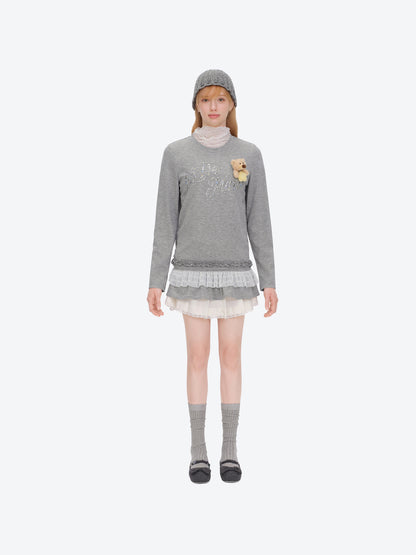 13DE MARZO Luminous Bear Star Lace T-shirt Grey