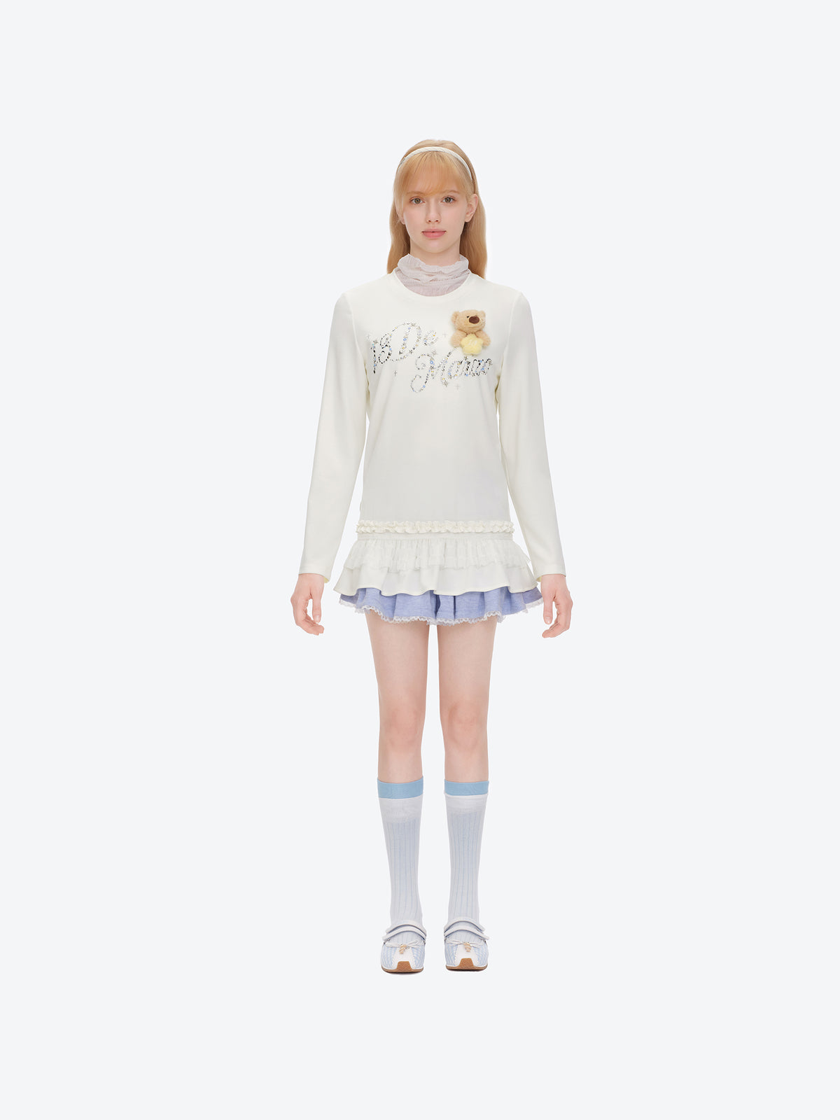 13DE MARZO Luminous Bear Star Lace T-shirt White