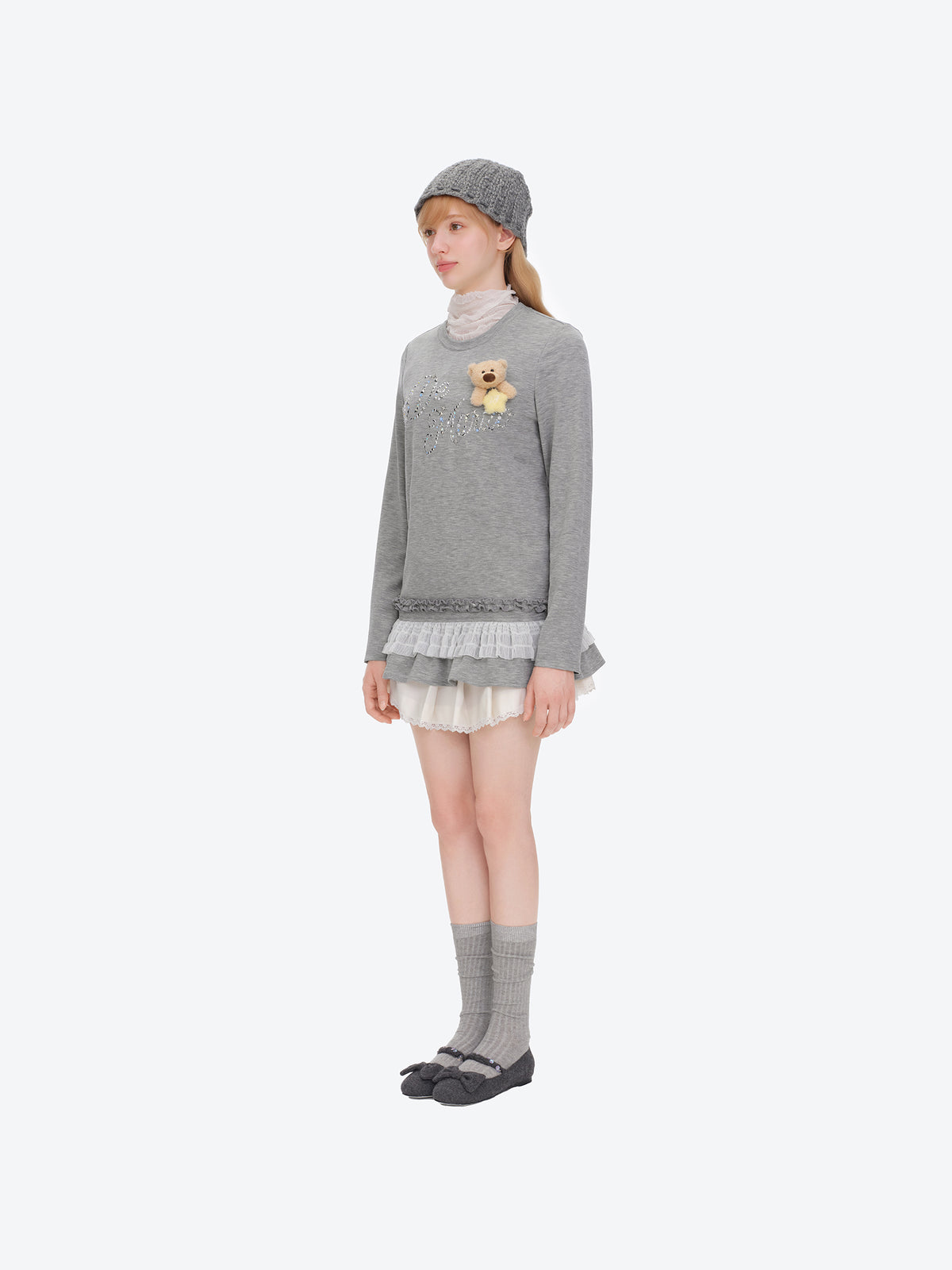 13DE MARZO Luminous Bear Star Lace T-shirt Grey
