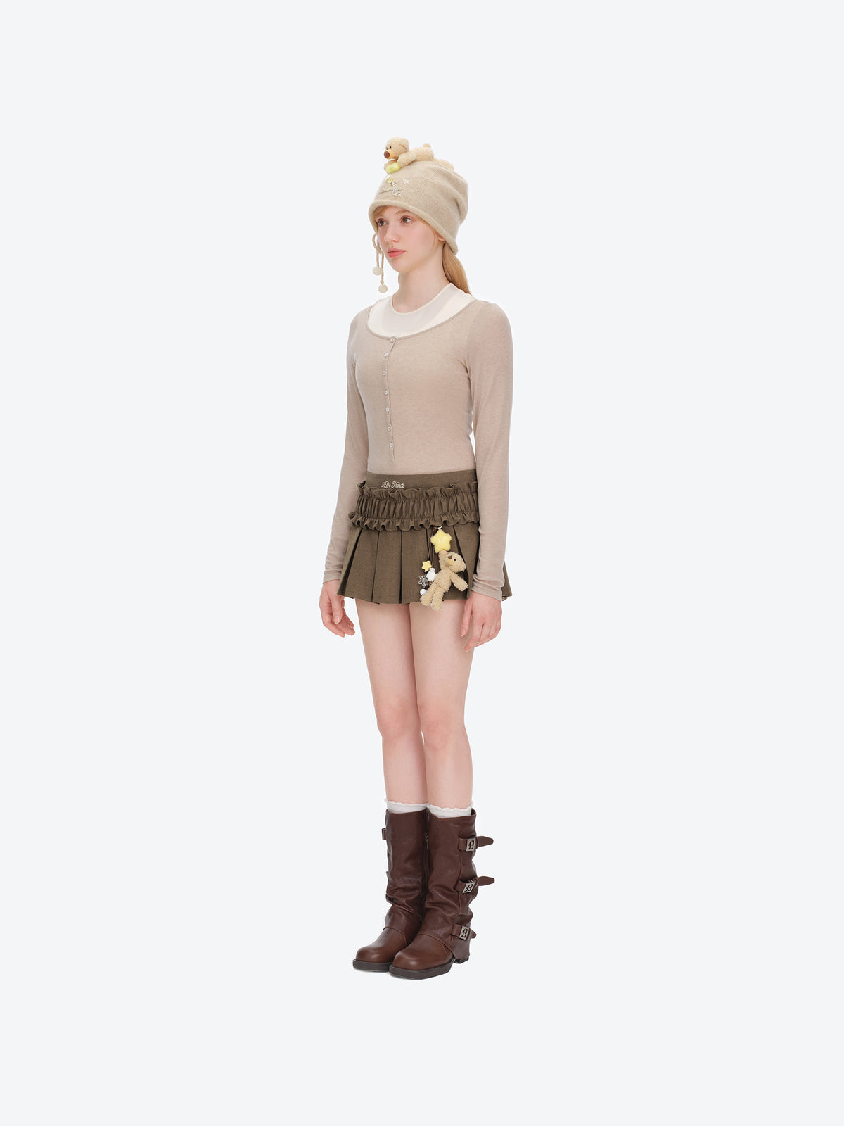 13DE MARZO Luminous Doozoo Lace Pleated Dress Brown