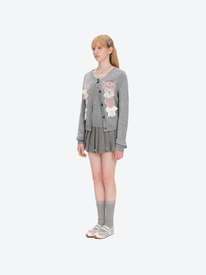 13DE MARZO Bow Bear Knit Cardigan Vest Grey