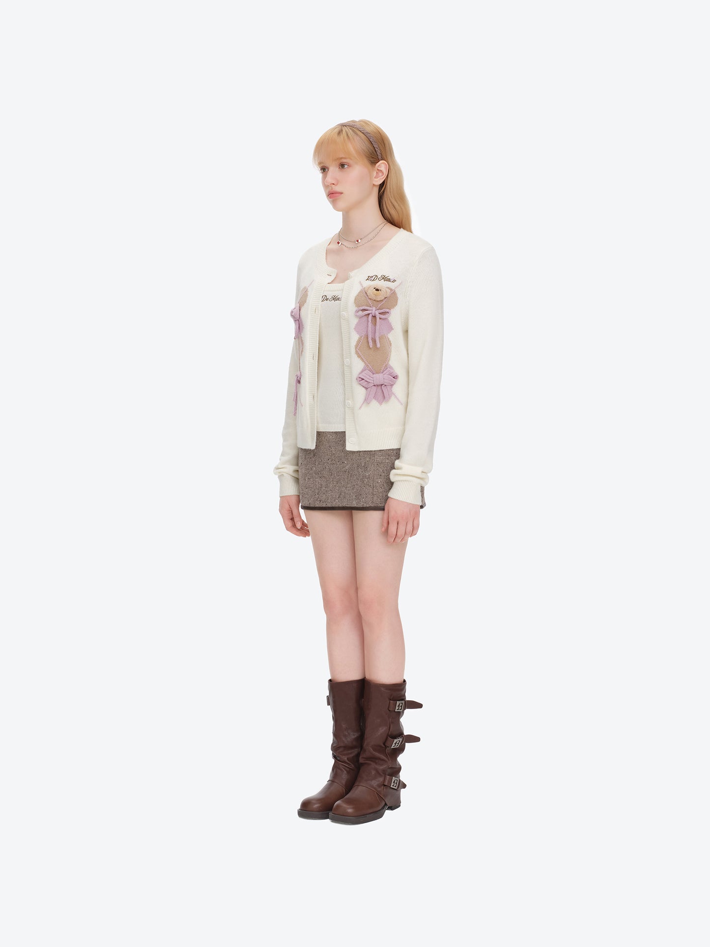 13DE MARZO Bow Bear Knit Cardigan Vest Beige