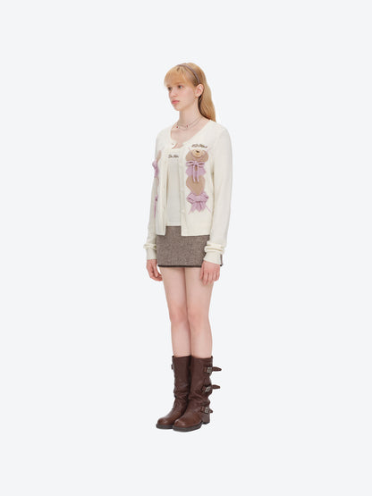 13DE MARZO Bow Bear Knit Cardigan Vest Beige
