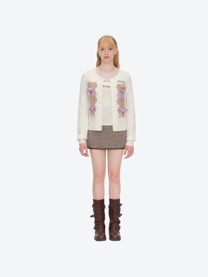 13DE MARZO Bow Bear Knit Cardigan Vest Beige