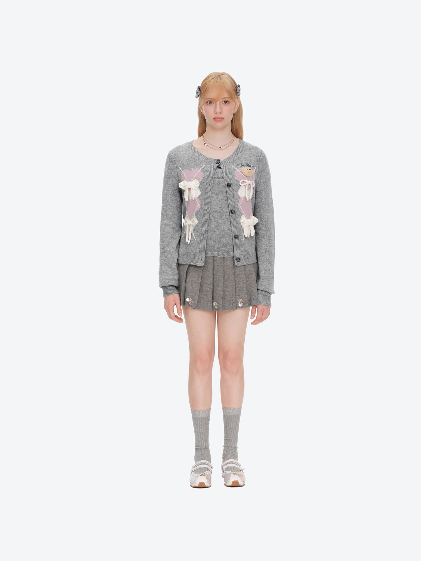 13DE MARZO Bow Bear Knit Cardigan Vest Grey
