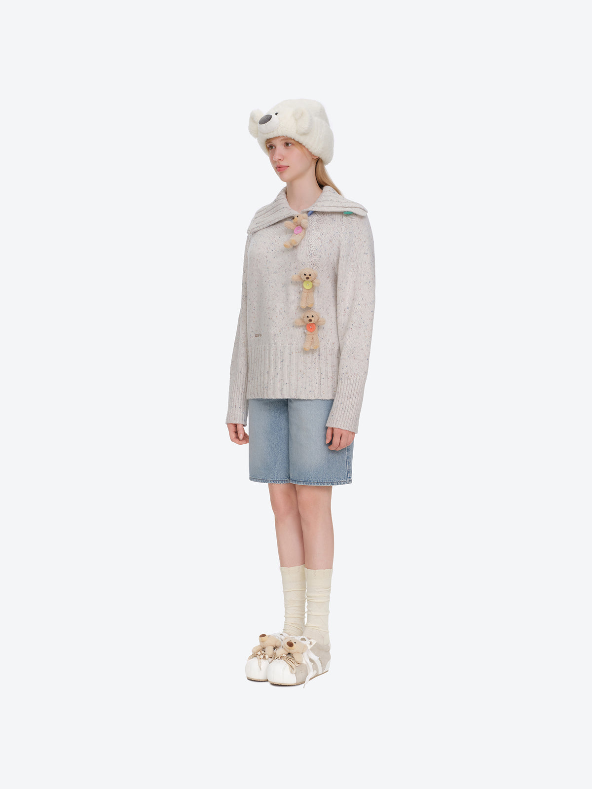 13DE MARZO Doozoo Bear Knit Beanie White