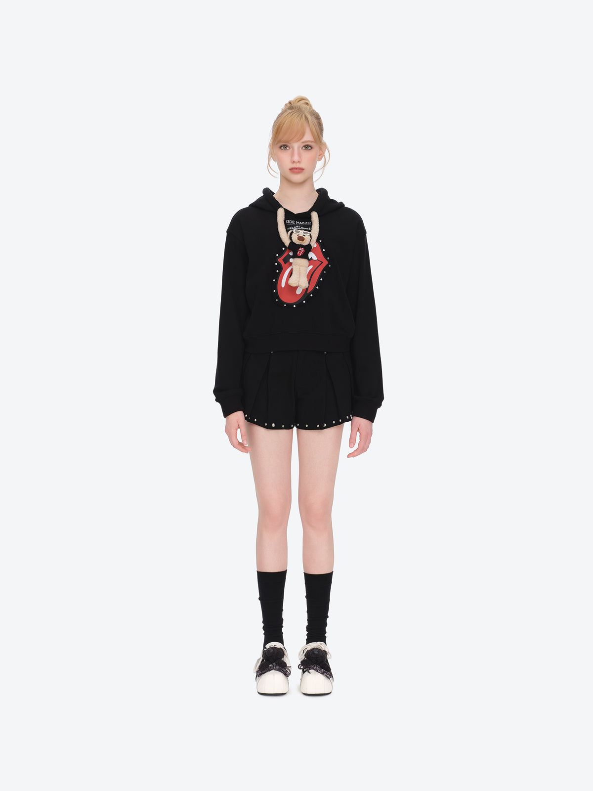 13DE MARZO Rolling Stones Bear Cropped Hoodie Black