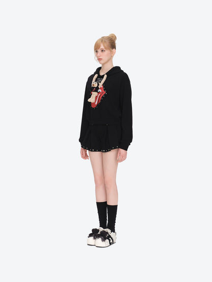 13DE MARZO Rolling Stones Bear Cropped Hoodie Black