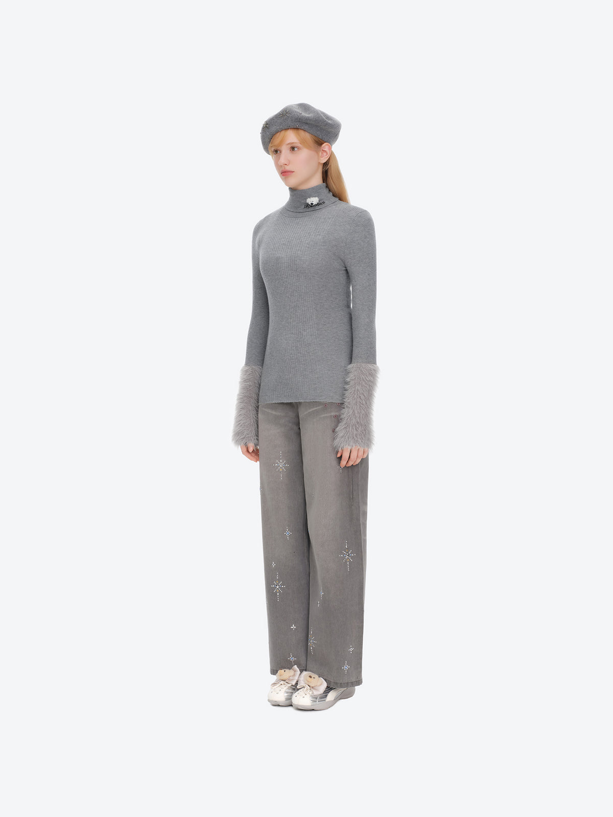 13DE MARZO Furry Slim Fit Knit Top Grey