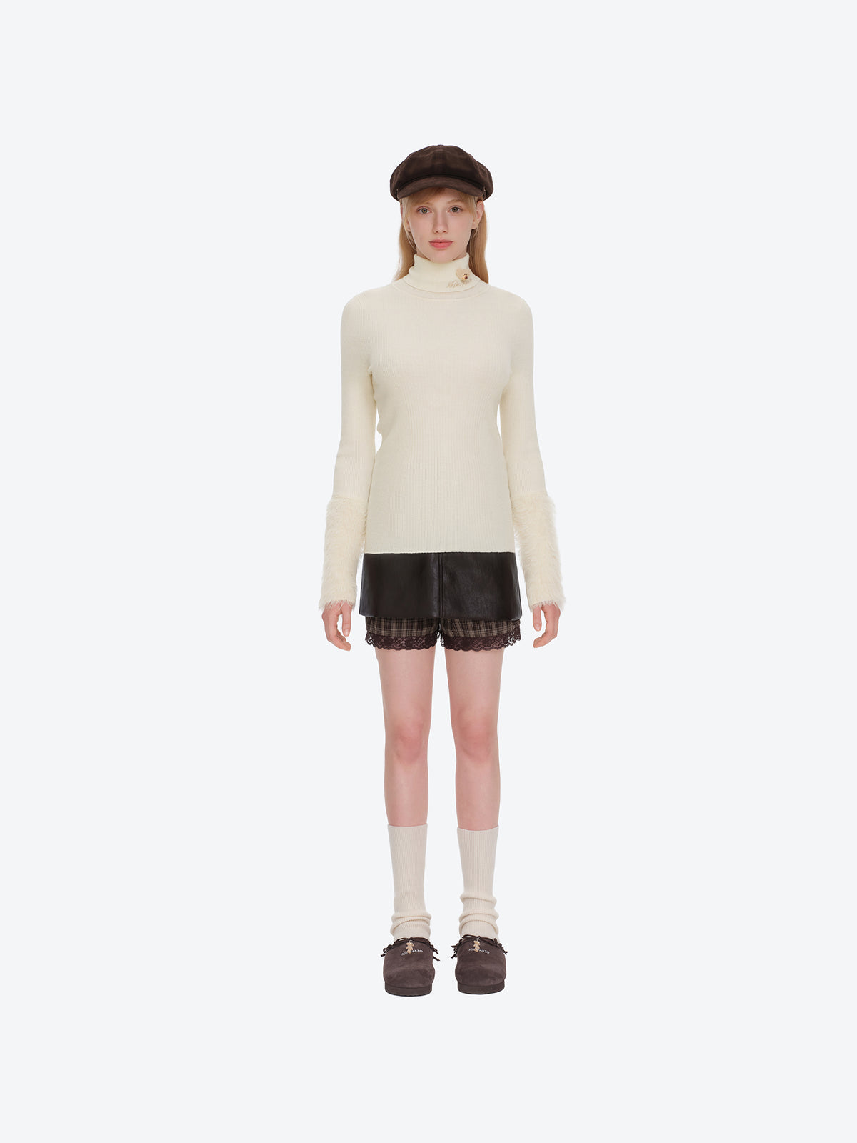 13DE MARZO Furry Slim Fit Knit Top Beige