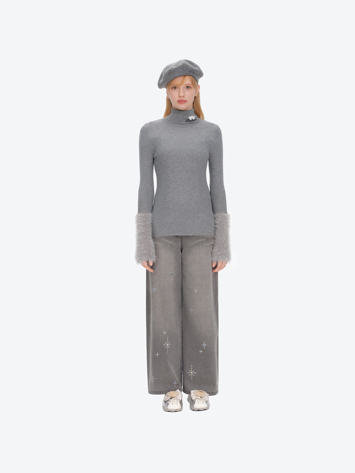 13DE MARZO Furry Slim Fit Knit Top Grey